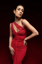 RED ASYMMETRIC LACE MAXI DRESS