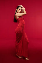 RED ASYMMETRIC LACE MAXI DRESS