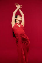 RED ASYMMETRIC LACE MAXI DRESS