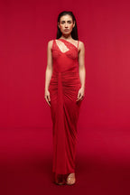 RED ASYMMETRIC LACE MAXI DRESS