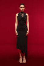 BLACK HALTER LACE MIDI DRESS