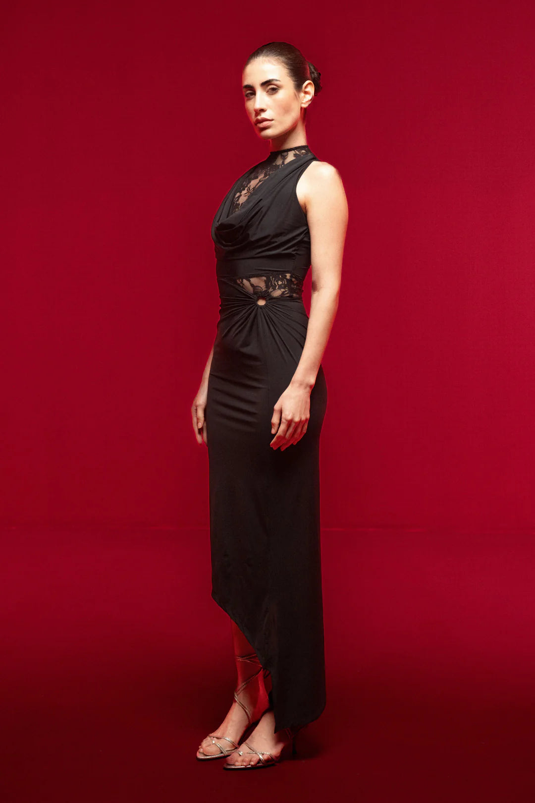 BLACK HALTER LACE MIDI DRESS
