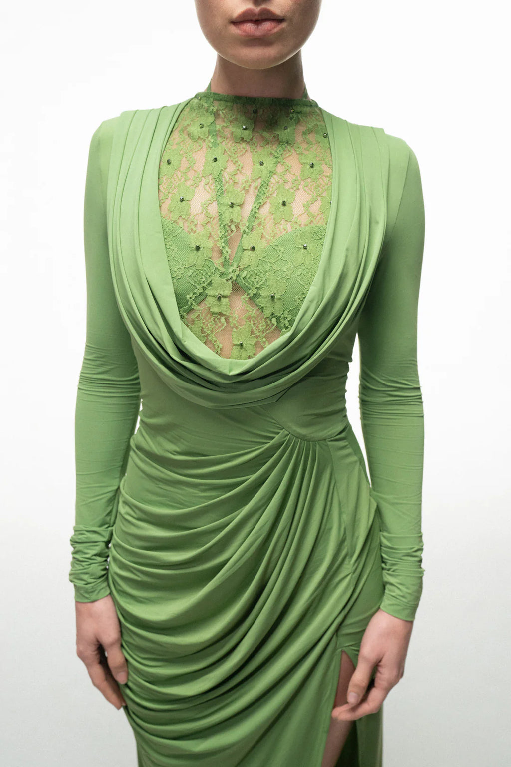 GREEN LACE PANEL DRAPED MAXI DRESS