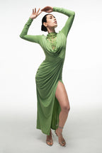 GREEN LACE PANEL DRAPED MAXI DRESS