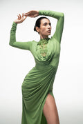 GREEN LACE PANEL DRAPED MAXI DRESS