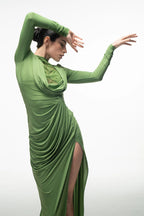 GREEN LACE PANEL DRAPED MAXI DRESS